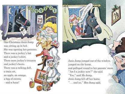 Illustrated book page with a Christmas scene featuring a horse and children opening presents.