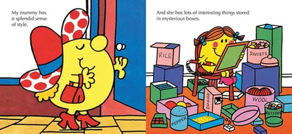 Illustration from a children's book with a yellow character and colorful boxes.