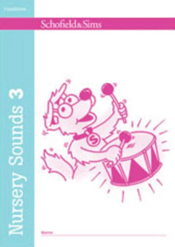 Book cover of 'Nursery Sounds 3' by Schofield & Sims with a cartoon dog playing drums on a blue and pink background.