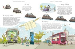 Illustrated book page with cars and a bus on a street, featuring text and graphics.