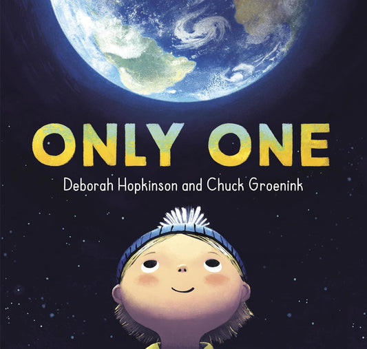 The cover of the book 'Only One' featuring an illustration of a child's face with a smiling expression, set against a background of a starry night sky and the Earth and moon in the distance.