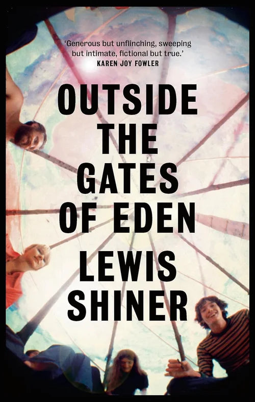 Book cover of 'Outside the Gates of Eden' by Lewis Shiner with a group of people sitting on a bridge.