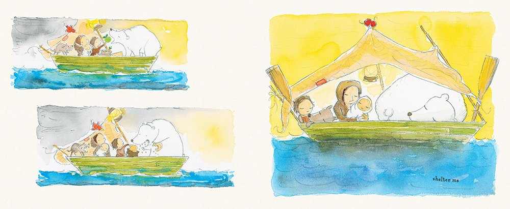Illustrations of people on boats with a yellow sky and blue water.