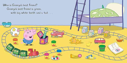Cartoon scene with a child playing with toys on a yellow floor, including a toy train and various items.
