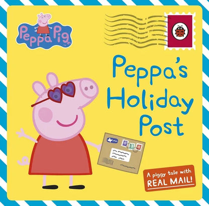 Book cover of 'Peppa's Holiday Post' featuring Peppa Pig with sunglasses and a letter on a yellow background.