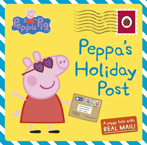 Book cover of 'Peppa's Holiday Post' featuring Peppa Pig with sunglasses and a letter on a yellow background.