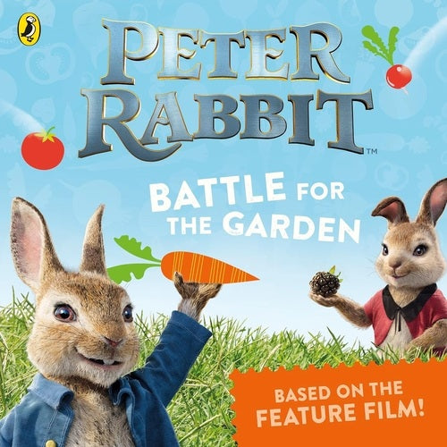 Book cover of 'Peter Rabbit: Battle for the Garden' with two rabbits and vegetables on a blue background.