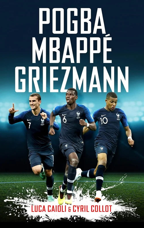 Three soccer players in blue jerseys running on a field with text above them.