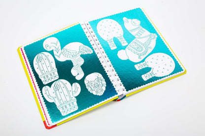 Coloring book with cactus and desert animal designs on a white background