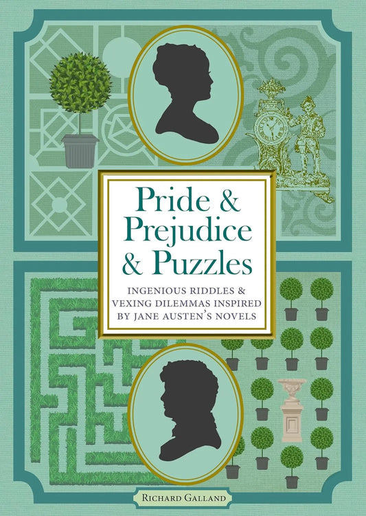 Book cover of 'Pride & Prejudice & Puzzles' with decorative elements and silhouettes.