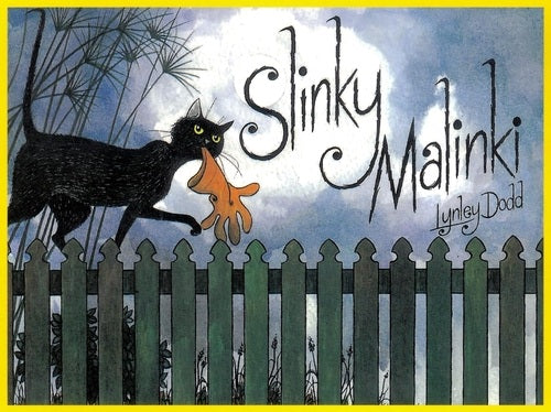 Illustration of a black cat and orange fox on a green fence with 'Slinky Malinki' text.