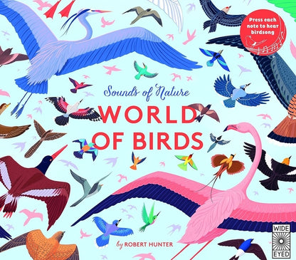 Book cover of 'World of Birds' with colorful illustrations of birds on a light blue background.