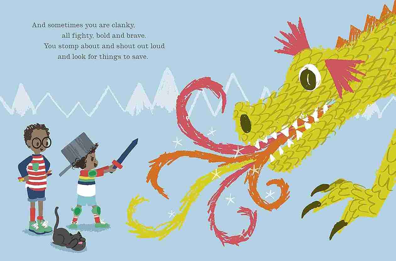 Illustration of two children with a cat facing a dragon in a snowy landscape.