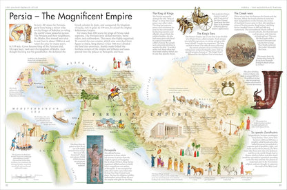 Map of Persia with illustrations and text on a white background