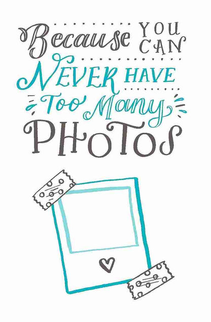 Motivational quote about photos with a frame and heart on a white background