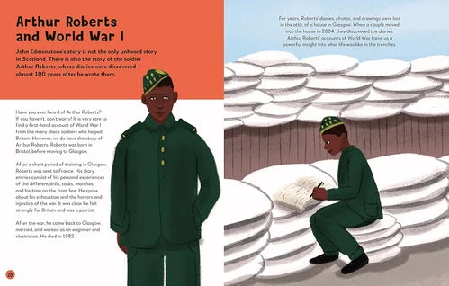 Book page with illustration of a soldier in uniform and sitting on a pile of white bags.