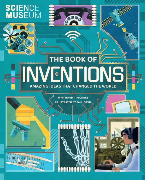 Book cover of 'The Book of Inventions' by Science Museum with illustrations of inventions on a blue background.