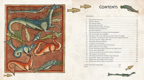 Decorative page with illustrations of dragons and a table of contents on a beige background