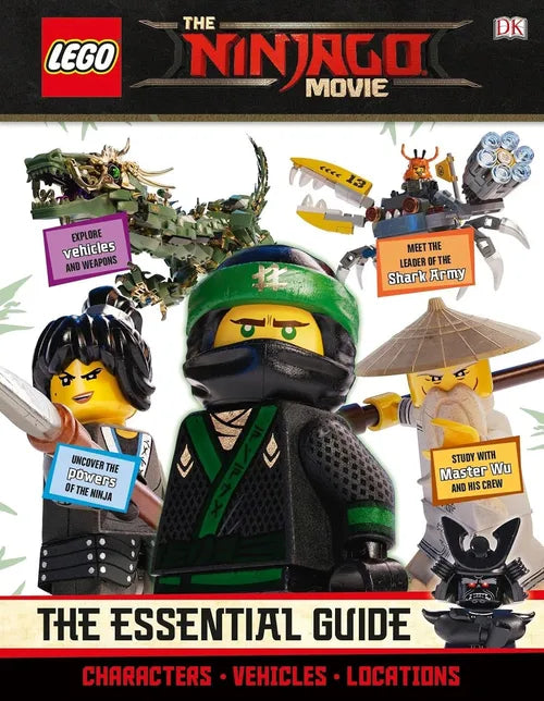 Cover of 'The LEGO Ninjago Movie: The Essential Guide' with LEGO characters and vehicle illustrations.