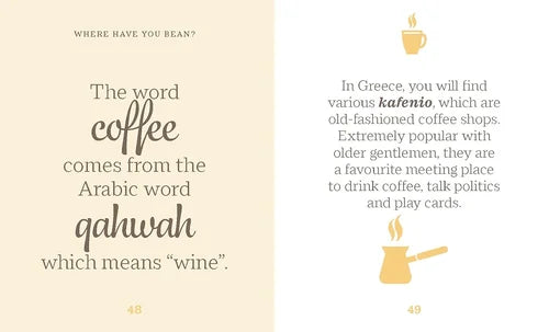 Page from a book about coffee culture, featuring text and illustrations of coffee cups and a coffee pot.