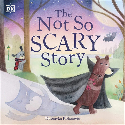 Cover of 'The Not So Scary Story' children's book, featuring illustrations of a bear in a black cape and a character in a red dress with a moon and trees in the background.