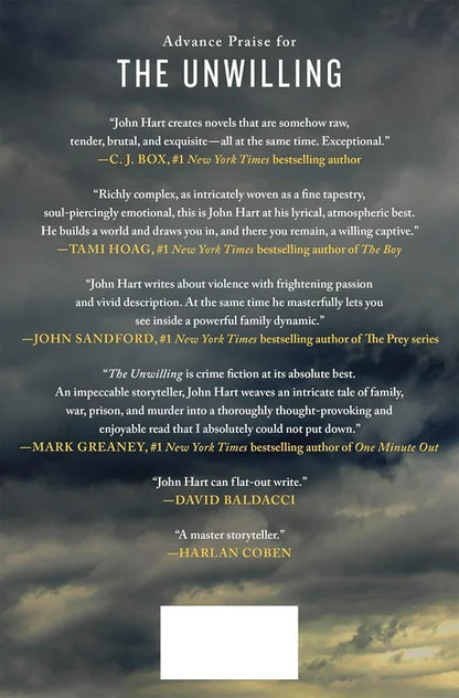 Promotional text for 'The Unwilling' with author quotes on a dark background
