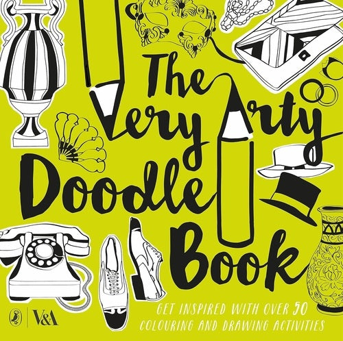 Book cover of 'The Very Arty Doodle Book' with black line art on a yellow background.