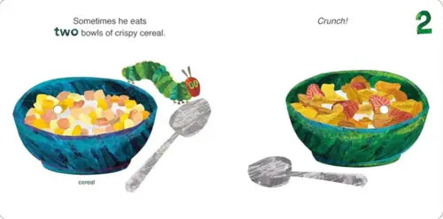 Illustration of two bowls of cereal with a spoon and caterpillar character, from the book 'The Very Hungry Caterpillar'.