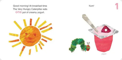 Illustration from 'The Very Hungry Caterpillar' book showing a sun, caterpillar, and yogurt.
