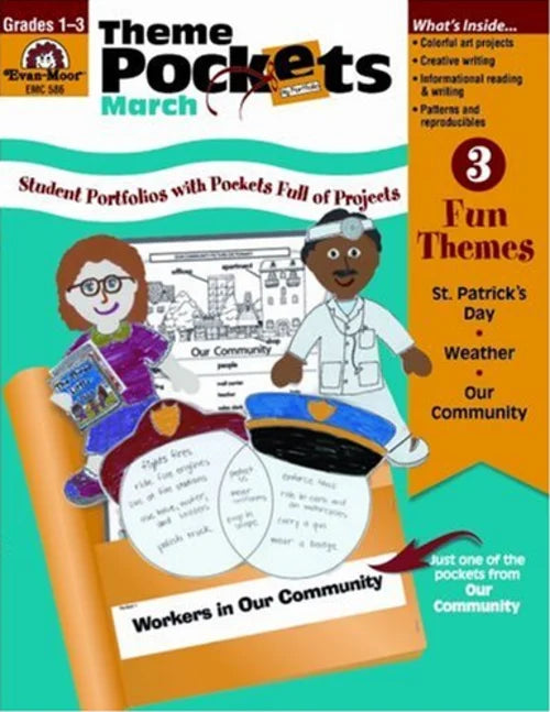 Book cover of 'Theme Pockets March' with illustrations of children and text about educational activities.