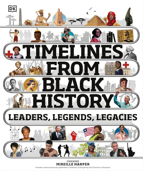 Book cover of 'Timelines from Black History' with various figures and landmarks.
