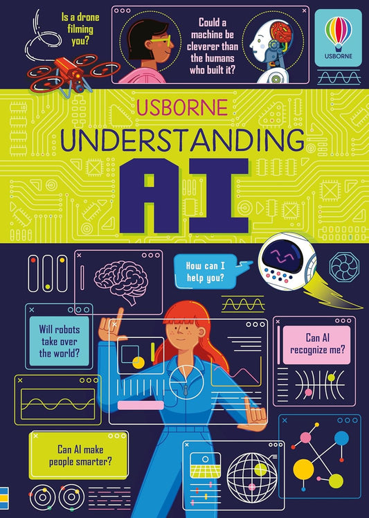 Book cover of 'Understanding AI' by Usborne with illustrations and text about artificial intelligence.