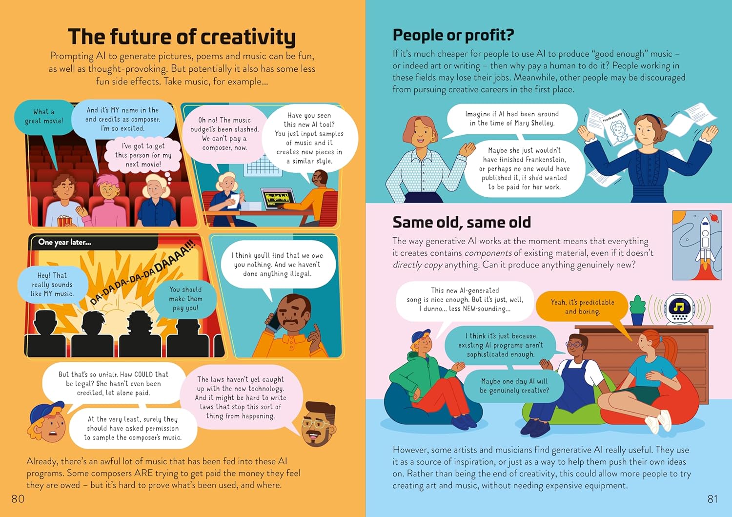 Two pages from a book discussing the future of creativity and generative AI, featuring illustrations and text.