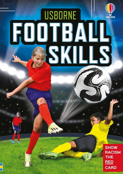 Book cover of 'Usborne Football Skills' with children playing soccer on a field.