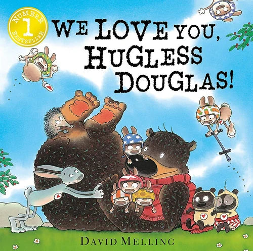 Book cover of 'We Love You, Hugless Douglas!' with cartoon characters and a blue sky.
