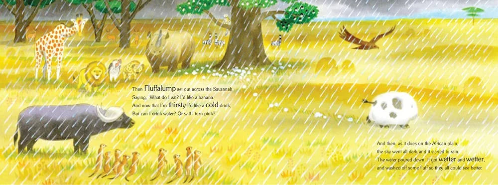 Illustration of animals and people in a savanna with text