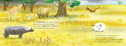 Illustration of animals and people in a savanna with text