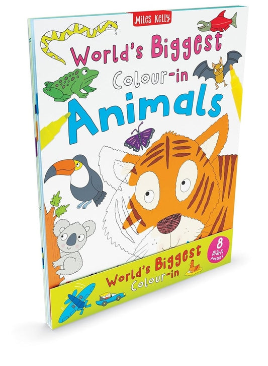 Book titled 'World's Biggest Colour-in Animals' by Miles Kelly with colorful animal illustrations on a white background.